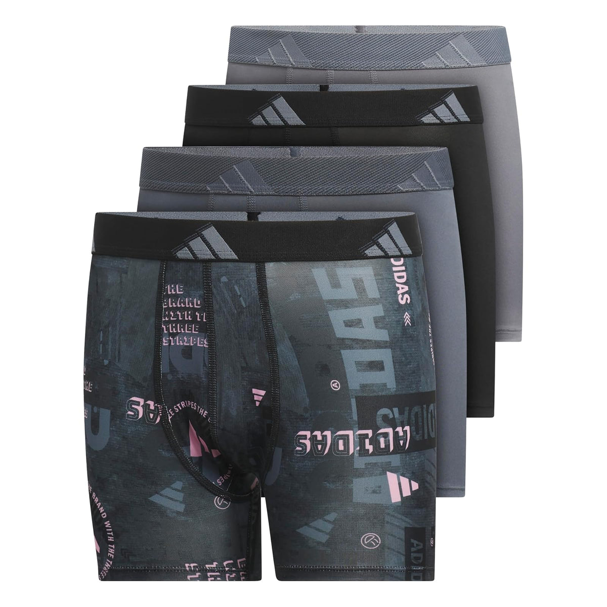 Adidas Youth Microfiber Graphic 4-Pack Boxer Brief Calzoncillos Tipo Calzones Niños - XL - Mezcla de escalado Negro-Rosa Verdadero - Gris Onix - Negro