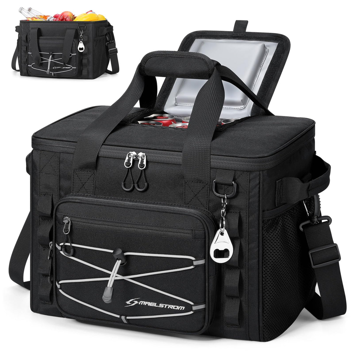 Maelstrom Hielera Portátil 30/40 Latas, Bolsa Térmica Plegable Hermética | Frío 24h hielo, Aislamiento 5 capas, Múltiples bolsillos, Ligera. Ideal Camping, Playa, Senderismo, Kayak, Viajes carreteros - Negro con tapa - 40 Can (27 L)