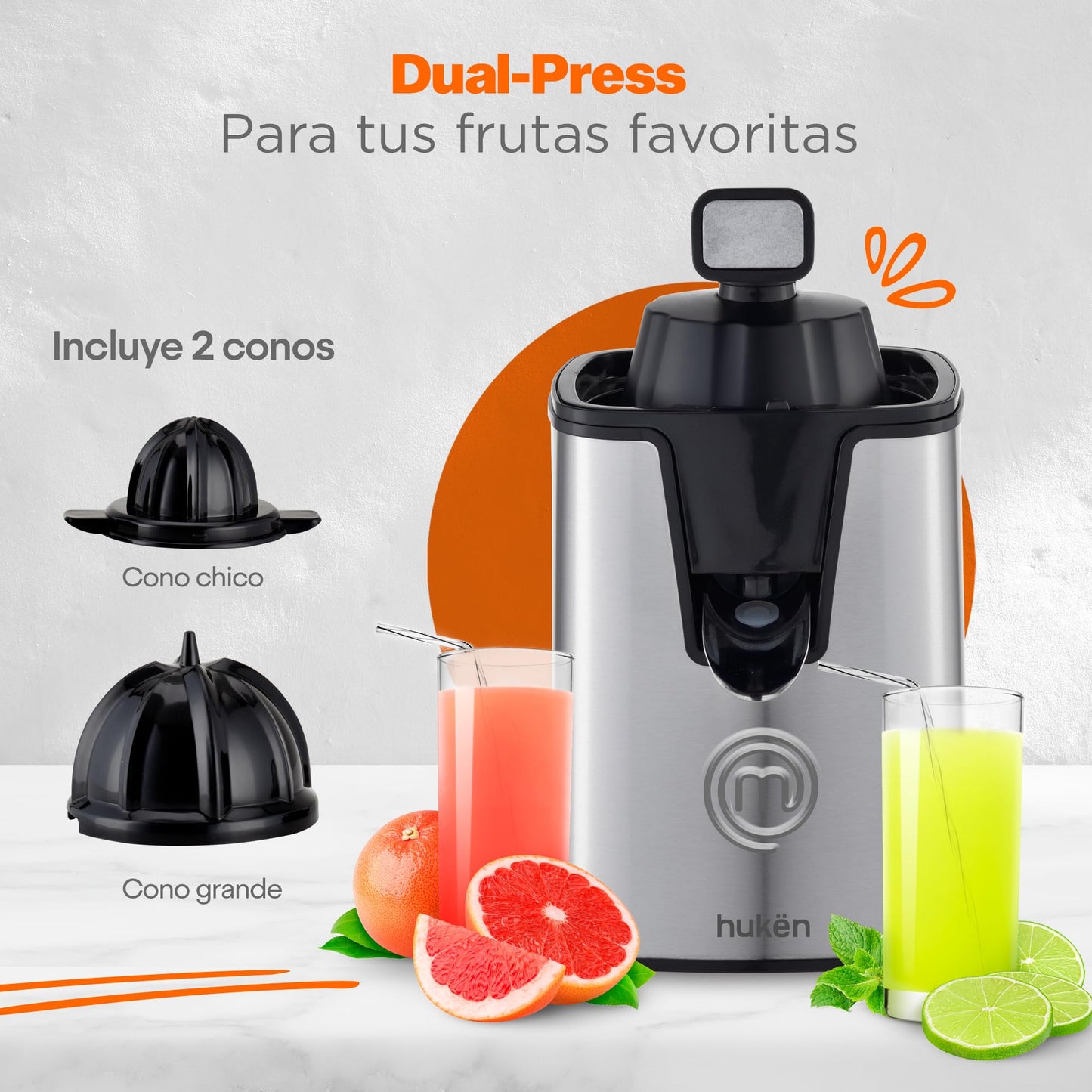 Hukën x MasterChef | Exprimidor Eléctrico de Cítricos CITRUSMAX 200W | Exprimidor de Naranjas y Limones | 2 Conos Dual-Press | Filtro Ajustable | Antiderrame | Acero Inoxidable
