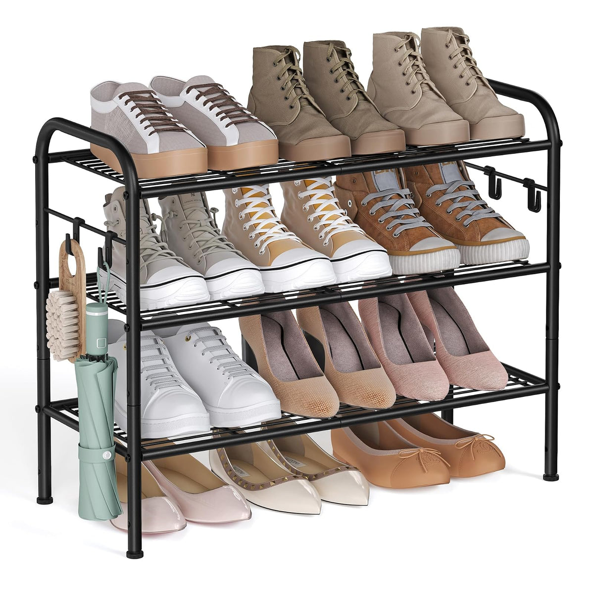 SONGMICS Zapatero, Organizador Zapatos de 3 Niveles, Estante Metálico, con 4 Ganchos, para 12 Pares, Altura Ajustable, Negro Tinta MLMR068B01 - 26.7 inches (W) x 11 inches (D) x 20.8 inches (H) - Black