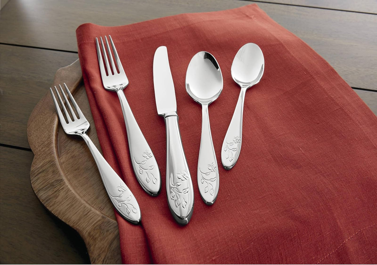 Lenox Cubiertos Butterfly Meadow 65 Piezas para 12 Comensales con Cubiertos para Servir, Acero Inoxidable 18/10