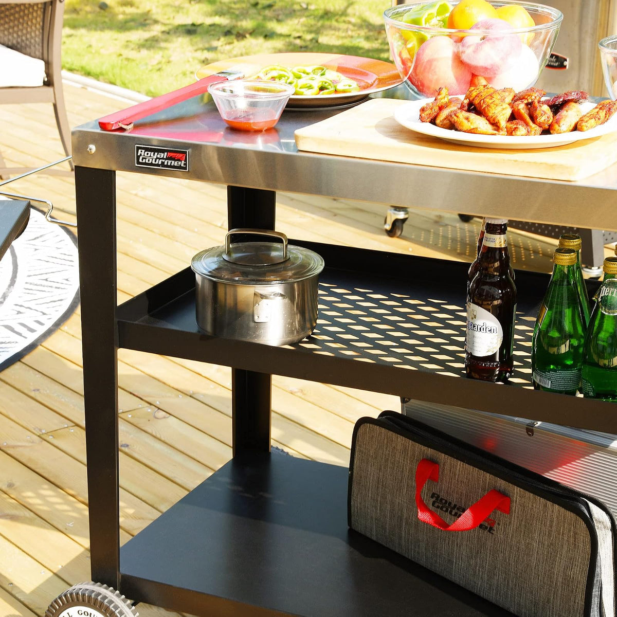 Royal Gourmet PC3404S - Mesa de comedor enrollable con soporte para bolsa de basura, jardín al aire última intervensión, patio, barbacoa, cocina, comida preparada, 30 pulgadas de largo x 19 pulgadas de ancho, mesa de acero inoxidable, plata y negro