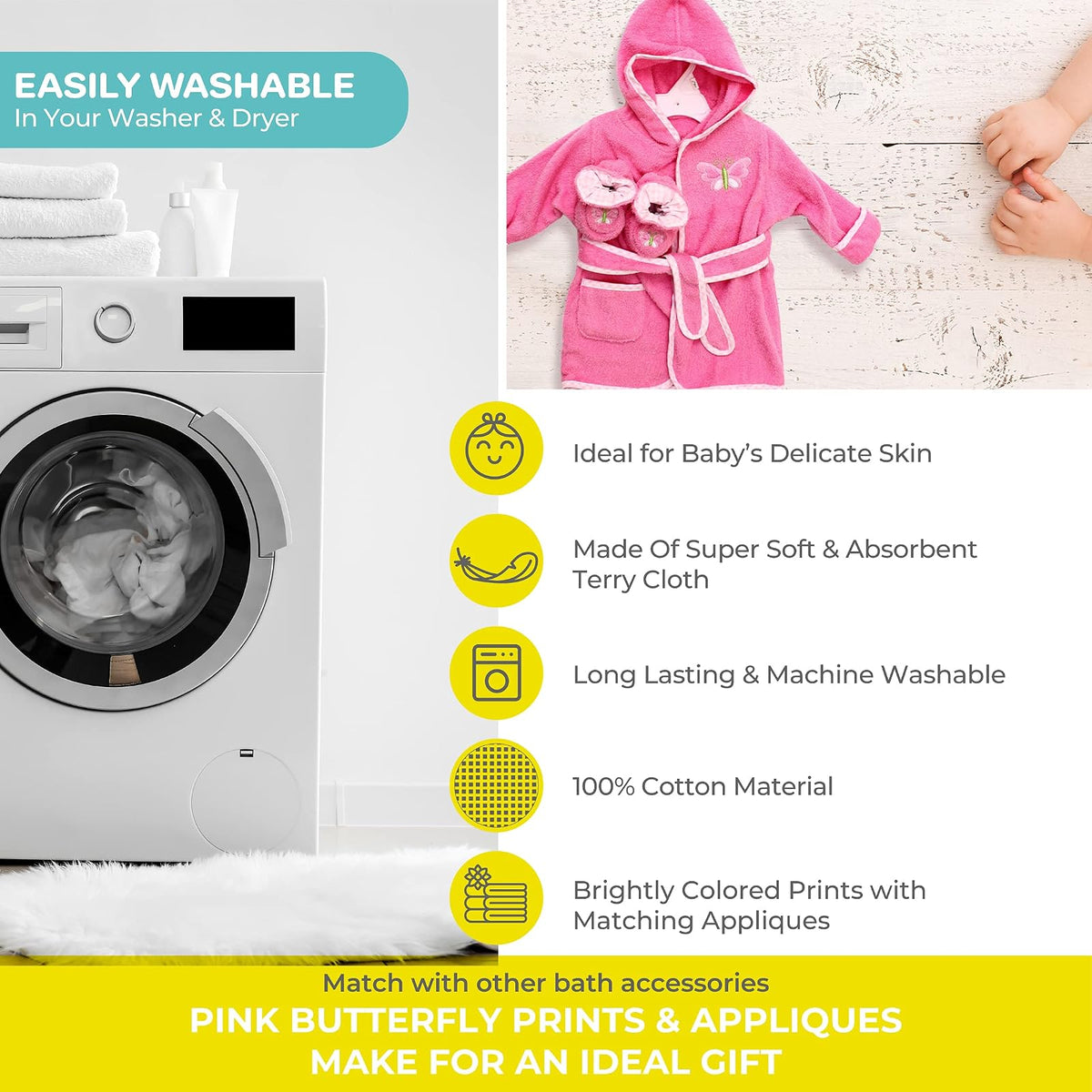 Spasilk Hooded Bathrobe with Booties for Newborn Boys and Girls, Soft Cotton Terry Bathrobe and 1 Pair of Cute Baby Shoes, Baby Essentials, Pink Butterfly