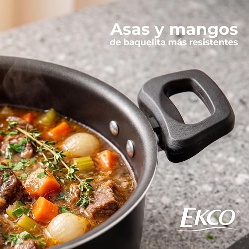 Ekco | Batería de Cocina 32 Piezas de Aluminio Antiadherente Negro | Antiadherente, fácil limpieza, tapas vidrio, utensilios nylon, comida saludable, calor uniforme, libre PFOA, certificado NOM