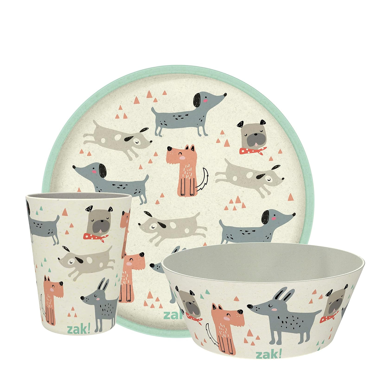 Zak Designs Vajilla Infantil 3 Piezas, Melamina y Bambú - 8" Plate, 6" Bowl, 10oz Tumbler - Perro