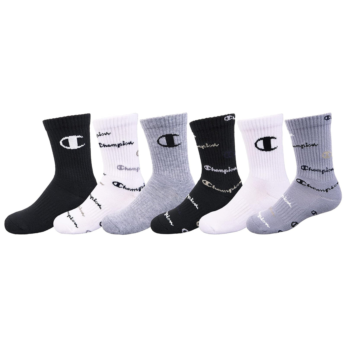 Champion Calcetines Deportivos para Niño, Paquete de 6 - 5-7 - Tripulación Multi Script - Asst