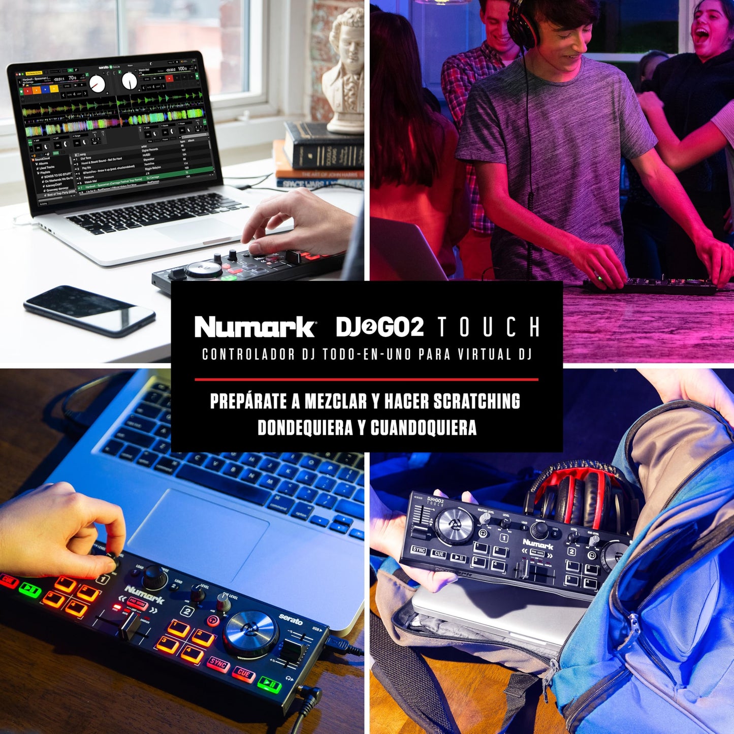 Numark DJ2GO2 Touch - Mini controlador DJ USB, 2 decks para Serato DJ con mezclador/crossfader, interfaz de audio y jog wheels de sensibilidad táctil