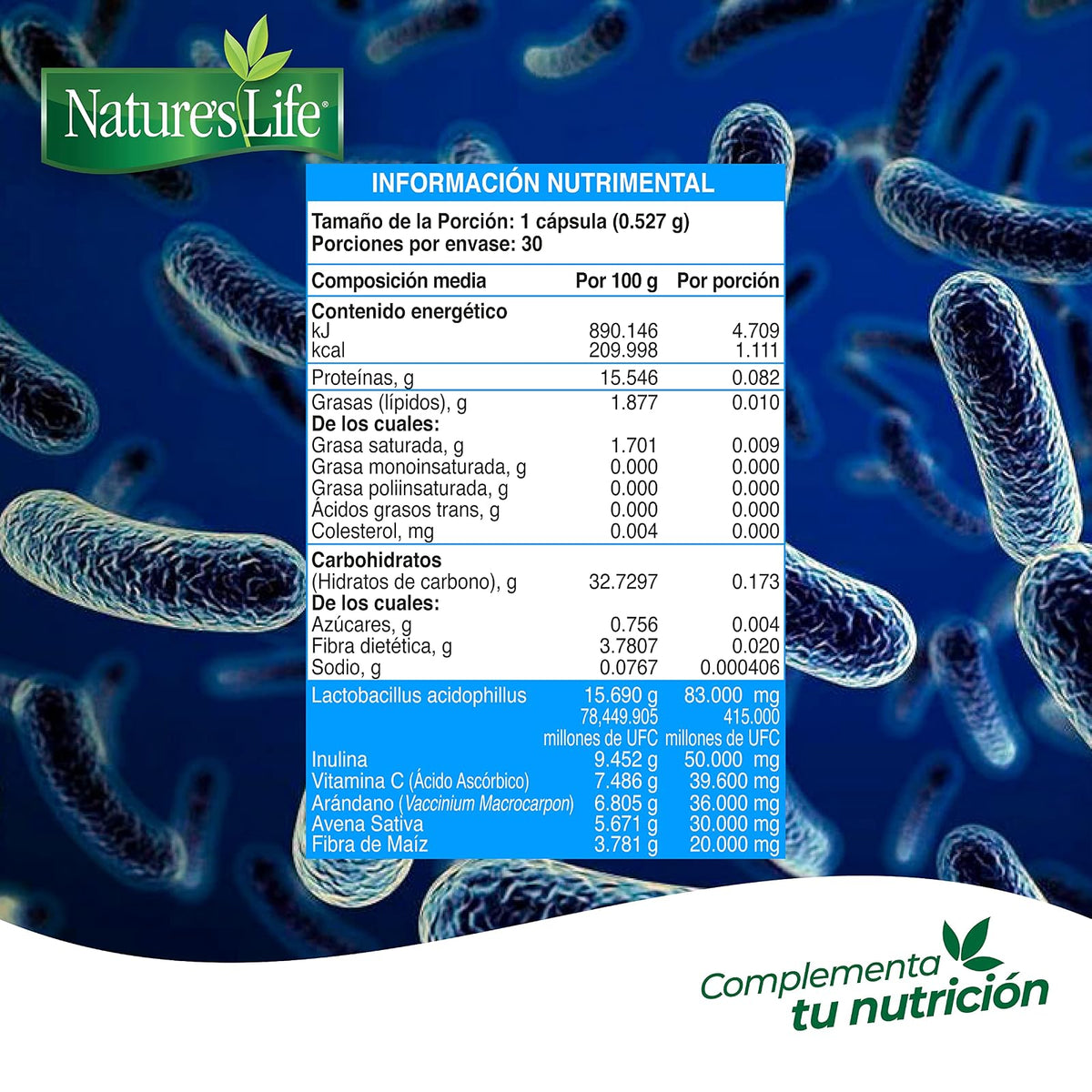 Nature's Life - Probióticos y Prebióticos Vitamina C y Arándano 30 Cápsulas | 415 millones UFC, Lactobacillus acidophilus, inulina, avena sativa, sin conservadores ni azúcar añadida, 1 cápsula al día