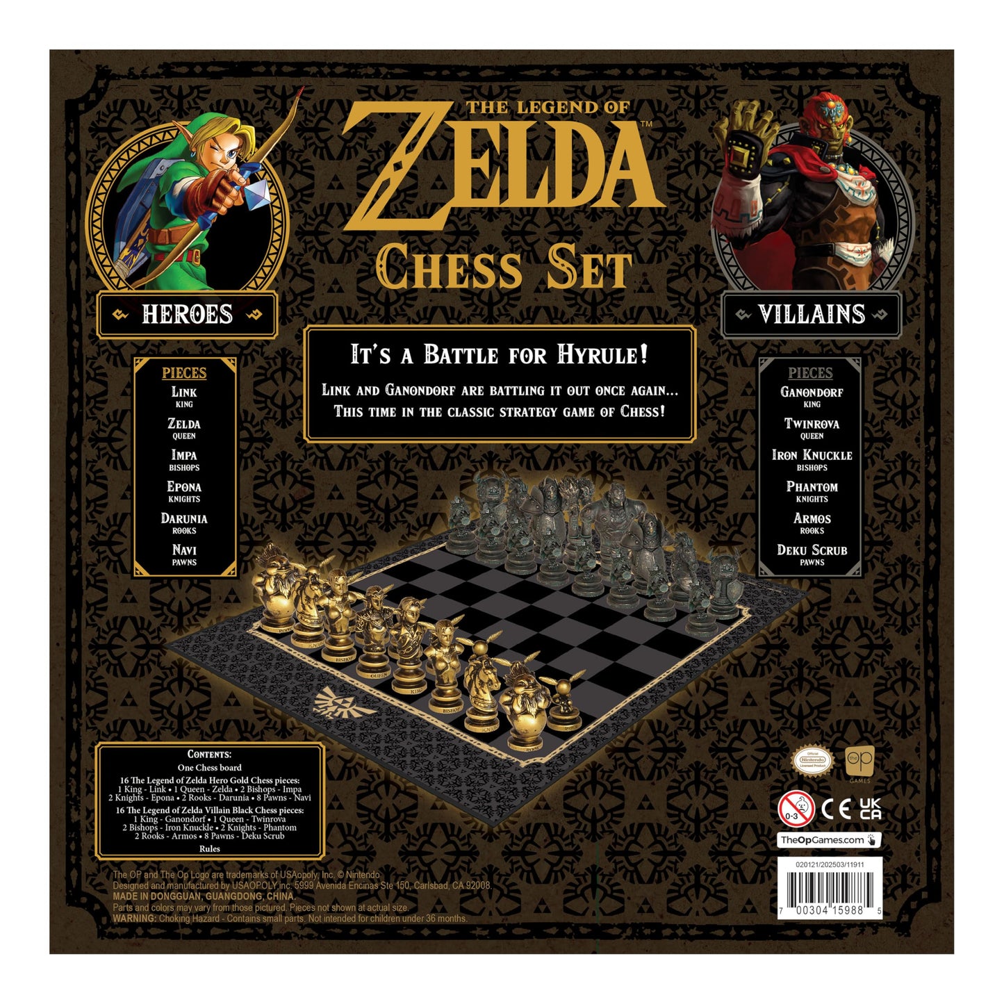 The Legend of Zelda Collector's Chess Set, juego de estrategia Link vs. Ganondorf, 32 piezas personalizadas de héroe y villano, juego de mesa clásico para fanáticos de Zelda, con licencia oficial de