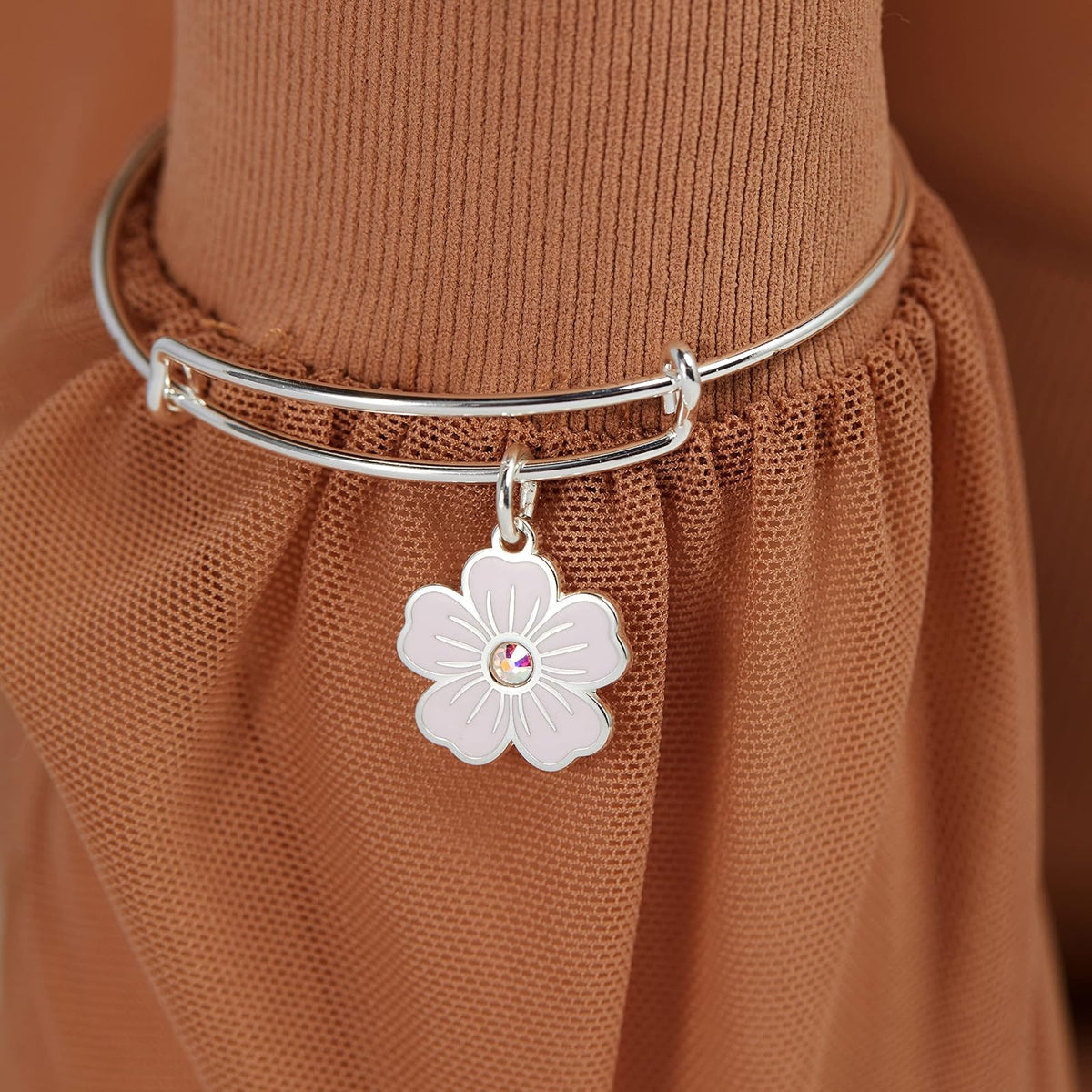 Alex and Ani Pink Pansy and Crystal Charm Bangle Bracelet
