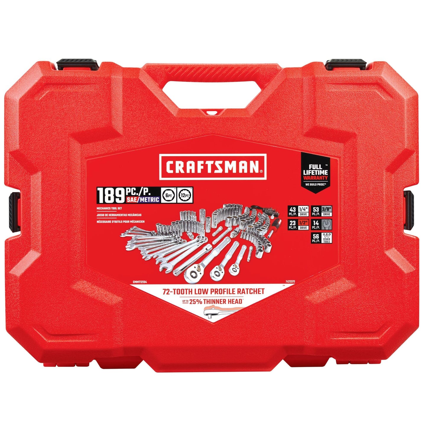 CRAFTSMAN - Juego de herramientas mecánicas de 189 piezas, juego de llaves de vaso de 1/4, 3/8 y 1/2 pulgadas con carraca más delgado, enchufes de acero de 6 y 12 puntos, llaves, llaves hexagonales y