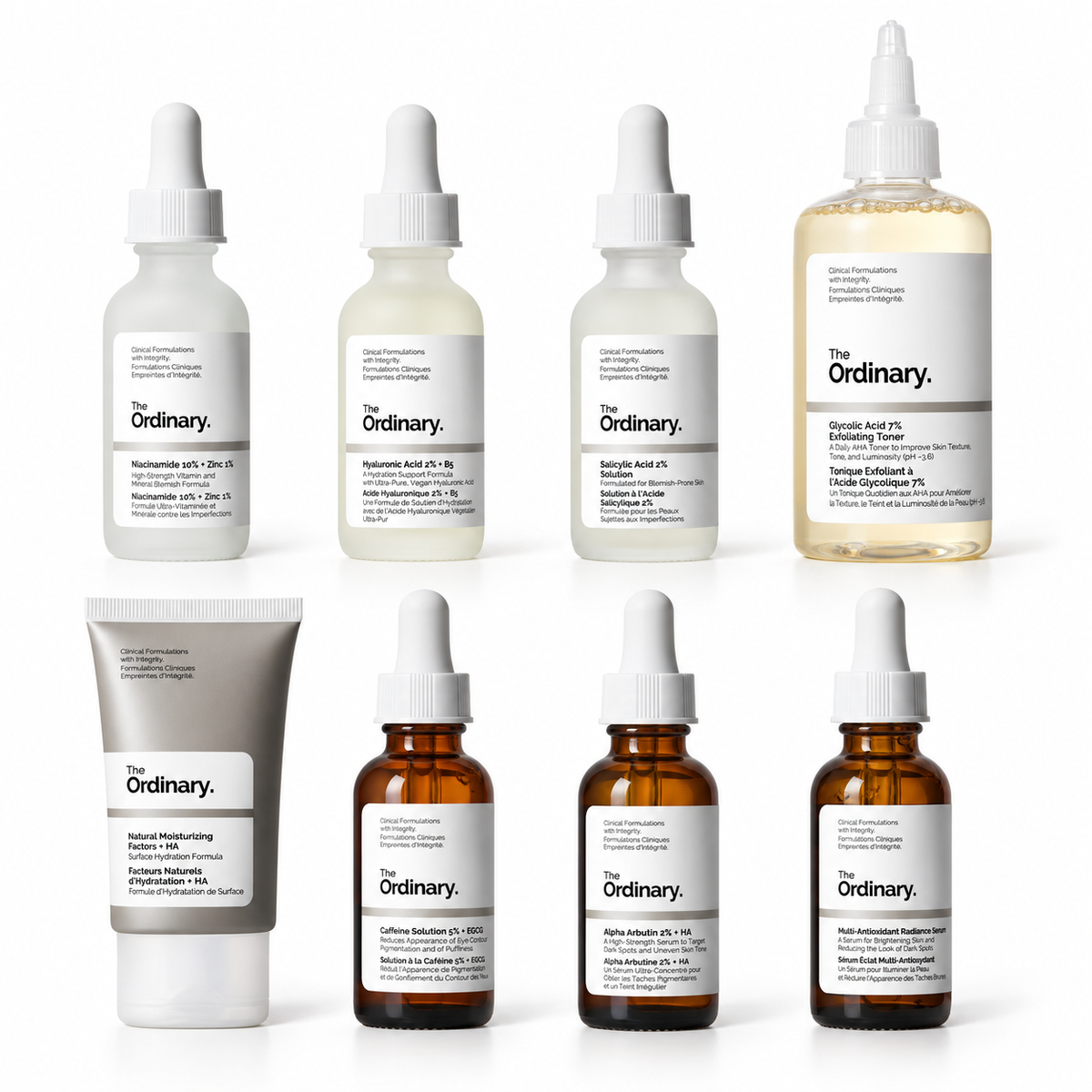 Ocho productos The Ordinary: Niacinamide, ácido hialurónico, ácido salicílico, tónico glicólico, crema Natural Moisturizing Factors, Caffeine Solution, Alpha Arbutin y Multi-Antioxidant Radiance Serum