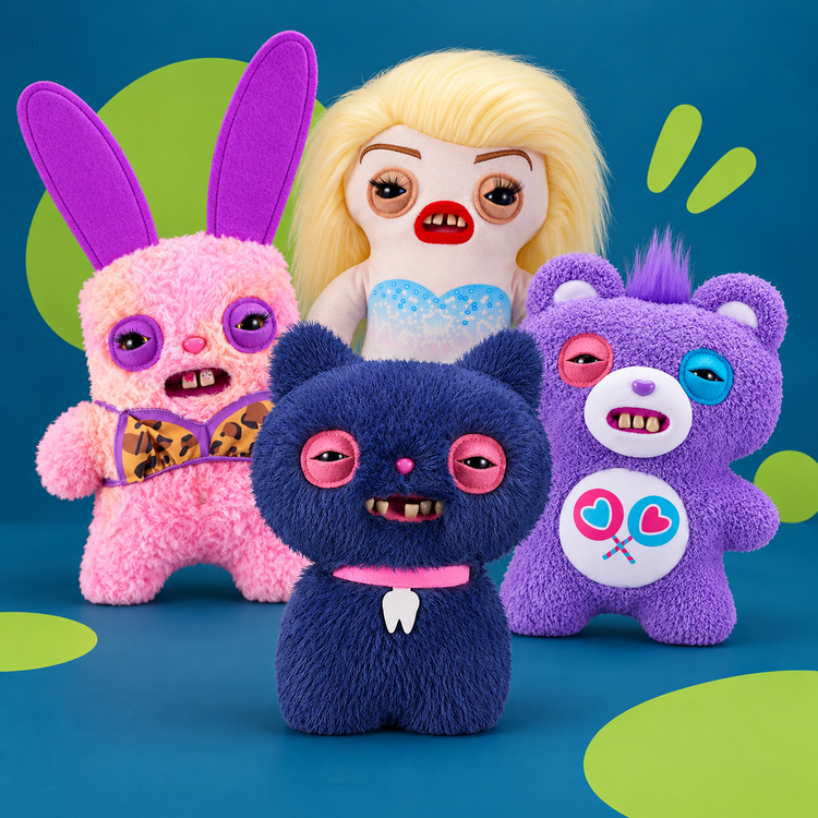 Colección de peluches Fuggler: gato Alley Cats, oso Care Bears, conejo Baddies y Fleeting Fartlet