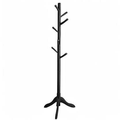 VASAGLE URCR001B01 - Perchero de madera maciza con 8 ganchos,3 opciones de altura,para ropa,sombreros,bolsos,sala de estar,recámara,oficina en casa,oficina,color negro tinta.