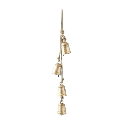 Deco 79 - Campanas Decorativas de Vaca de Metal Hechas a Mano con 4 Campanas en Yute para Colgar, 4 x 3 x 29 Pulgadas, Dorado