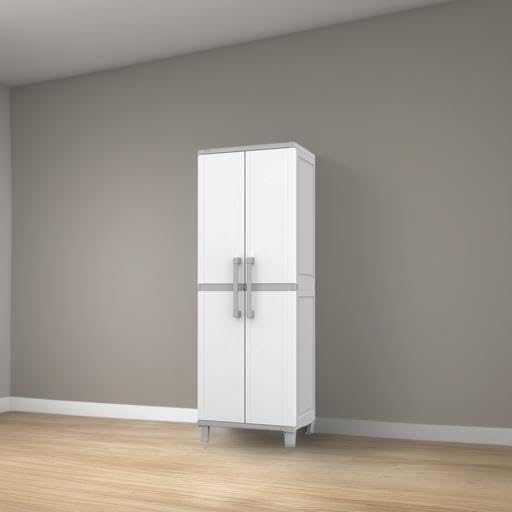 Keter - Armario de Almacenamiento con Puertas y estantes para Herramientas y organización del hogar, Grande, Blanco y Gris