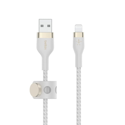 Belkin BoostCharge Pro Flex - Cable trenzado USB A a Lightning de 2 m, certificado MFi de 20 W, carga rápida, iPhone 14 y 13, color blanco