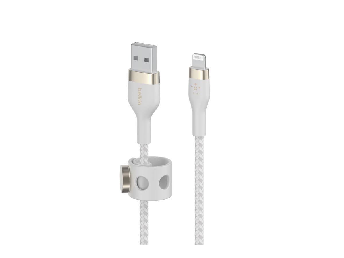 Belkin BoostCharge Pro Flex - Cable trenzado USB A a Lightning de 2 m, certificado MFi de 20 W, carga rápida, iPhone 14 y 13, color blanco