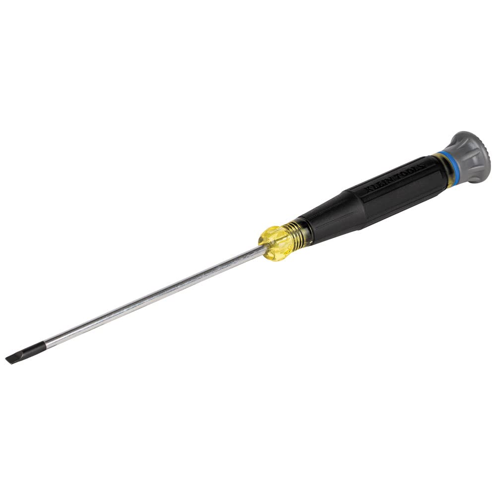 Klein Tools 6254 Mini destornillador de precisión, ranurado de 1/8 pulgadas, cuenta con mango de cojín, tapa giratoria, anillo codificado por colores, vástago de 4 pulgadas