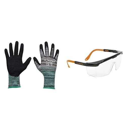 Truper GU-132, Guantes de nylon recubiertos de nitrilo arenoso, medianos + Truper LEN-2000, Lentes de seguridad ajustables, mica transparente, Classic