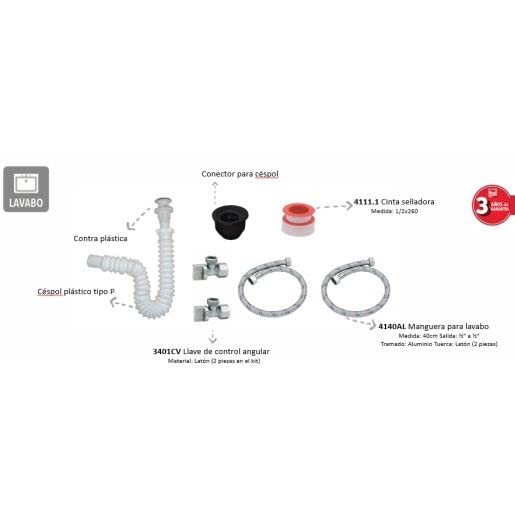 DICA KITLV Kit de instalación para lavabo que incluye céspol, conector para céspol, cinta selladora, llaves angulares y magueras para lavabo, 3 años de garantía en defectos de fabricación