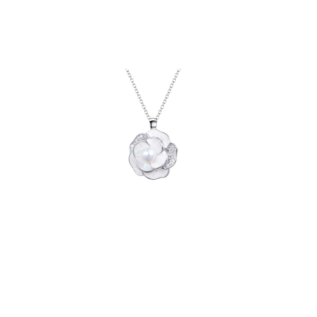 XYPHIELLE Collar de Plata 925 con Dije de Camelia para Mujer, Cadena Elegante con Perla, Joyería de Lujo para Regalo de Amor, Aniversario y Bodas