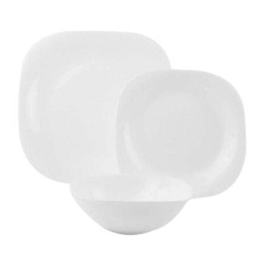 Ambient 21 1792-22 Set de Vajilla Familiar Cuadrada de Vidrio Opal Blanco para 4 personas, Incluye Plato Trinche, Plato Ensalada y Tazón Sopero, Diseño Minimalista con Caja de Regalo