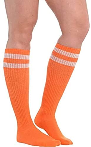 Standard Knee High Socks with White Stripes Sports Costume Party Apparel, Orange, Fabric, 19".