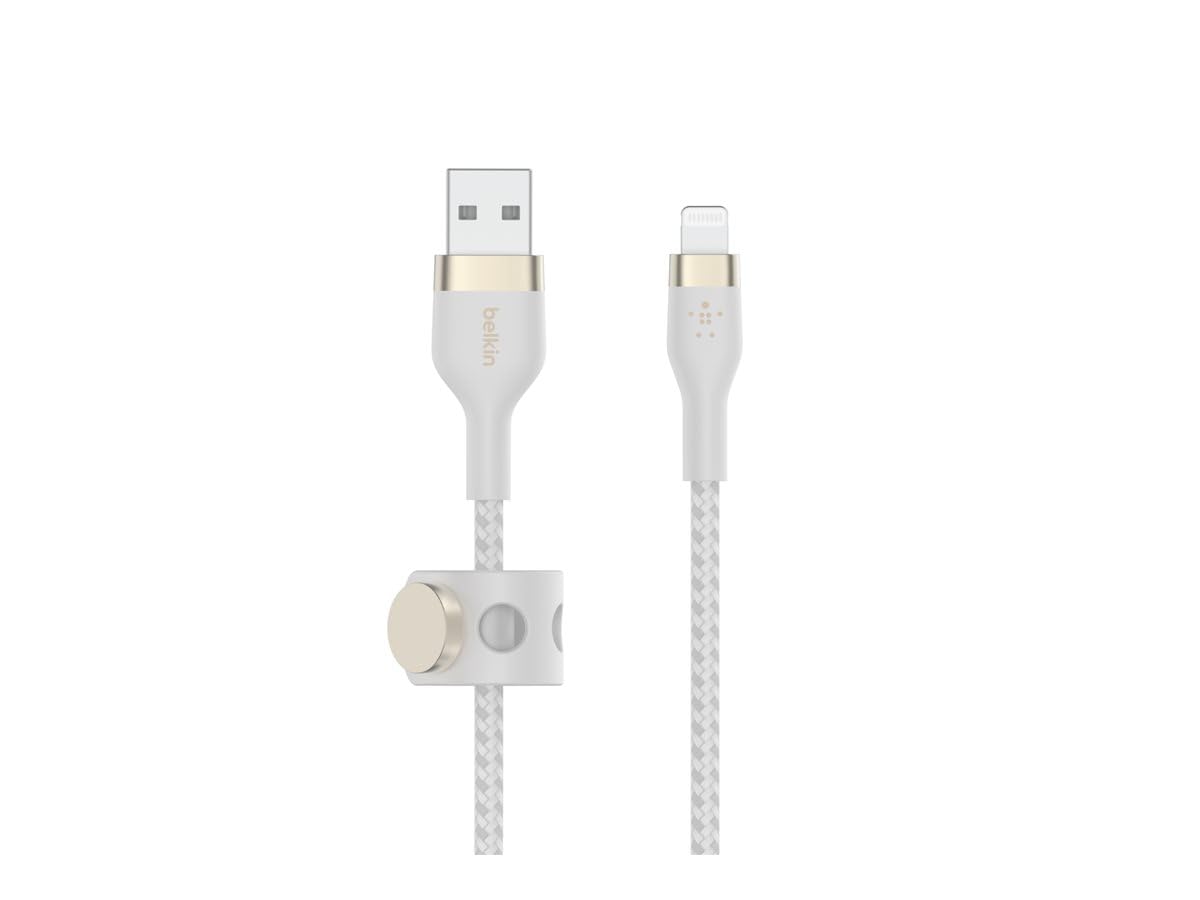 Belkin BoostCharge Pro Flex - Cable trenzado USB A a Lightning de 2 m, certificado MFi de 20 W, carga rápida, iPhone 14 y 13, color blanco