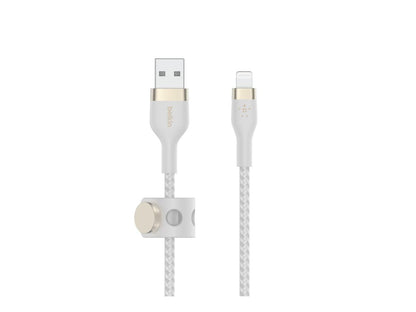 Belkin BoostCharge Pro Flex - Cable trenzado USB A a Lightning de 2 m, certificado MFi de 20 W, carga rápida, iPhone 14 y 13, color blanco