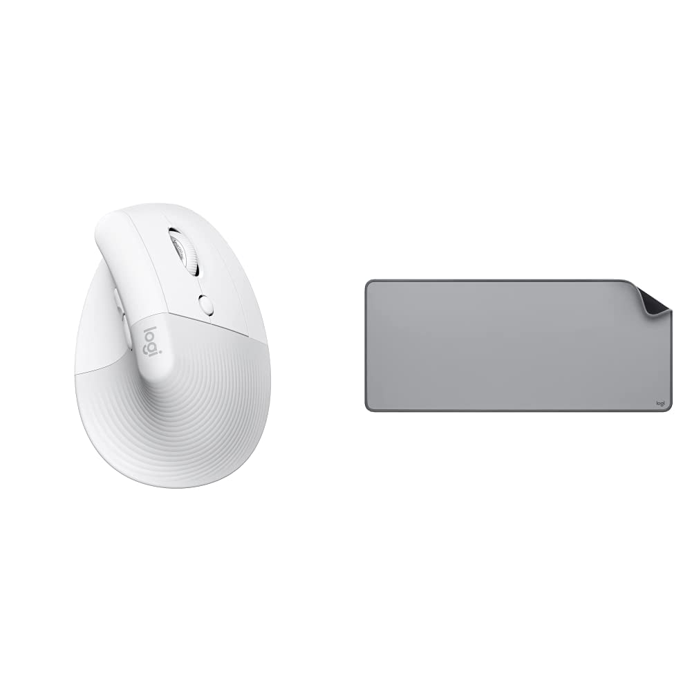 Logitech Lift Mouse Ergonómico Vertical, Inalámbrico, Bluetooth o Receptor Logi Bolt USB, clics Silenciosos, 4 Botones Blanco + Mouse Pad Studio Series XL, Multifunción - Gris