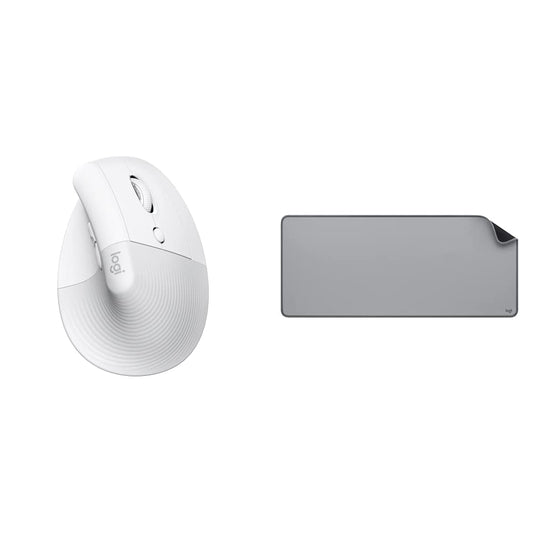Logitech Lift Mouse Ergonómico Vertical, Inalámbrico, Bluetooth o Receptor Logi Bolt USB, clics Silenciosos, 4 Botones Blanco + Mouse Pad Studio Series XL, Multifunción - Gris