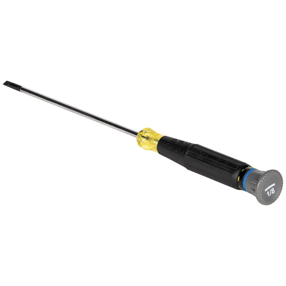 Klein Tools 6254 Mini destornillador de precisión, ranurado de 1/8 pulgadas, cuenta con mango de cojín, tapa giratoria, anillo codificado por colores, vástago de 4 pulgadas