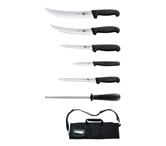 Victorinox Swiss Army Set de Barbacoa de 7 Piezas Master Competition con Mangos Fibrox Pro Rojos y Rollo para Cuchillo