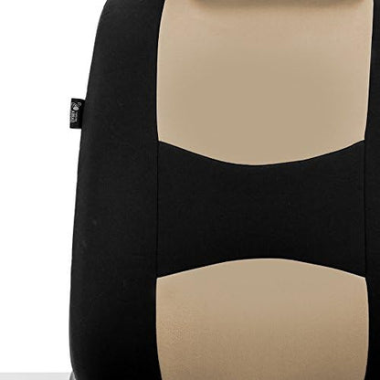 FH GROUP FH-FB351102 Pair Set All Purpose Flat Cloth Built-In Seat Belt Bucket Seat Covers Beige/Black- Fit Most Car, Truck, SUV, or Van