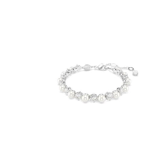 Swarovski Pulsera Tennis Matrix, Perla de cristal, Talla redonda, Blanca, Baño de rodio