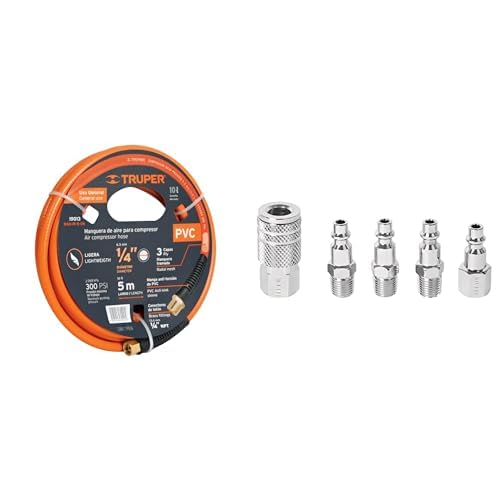 Truper MAN-PI-5-1/4, Manguera de PVC para aire, baja presión, 5 m, 1/4" + Pretul CORAL-5P, Juego de 4 conectores y 1 cople para compresor, Pretul