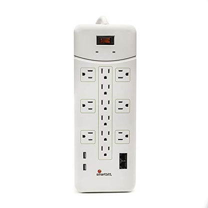 Smartbitt Supresor de Picos: Protección de Picos de Voltaje 12 contactos, 2 Puertos USB y 5 líneas telefónicas - Blanco