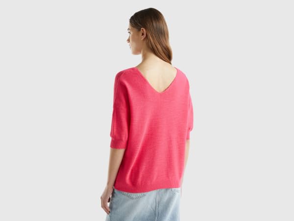United Colors of Benetton Blusa de Punto, Escote V, Manga 3/4 Hombro caído, Corte Regular 70% algodón y 30% Lino para Mujer