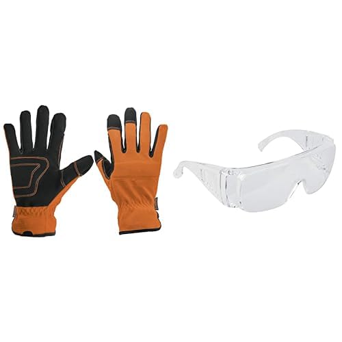 Truper GU-615, Guantes para mecánico, palma reforzada + Truper LEN-ST, Lentes de seguridad, mica transparente, Safe