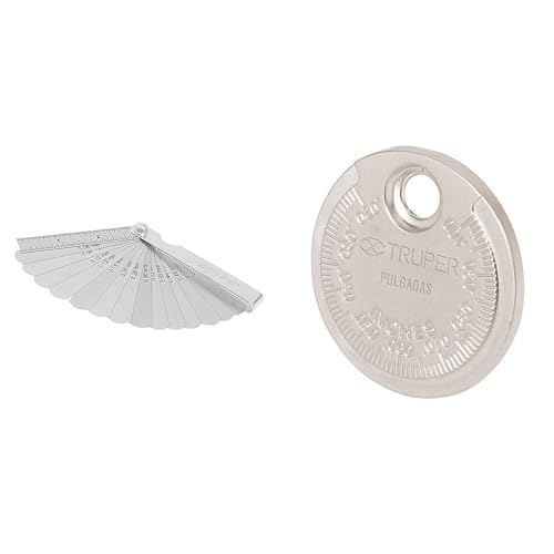 Truper CAL-15, Calibrador de 15 hojas std/mm, fabricadas en acero al manganesio + Truper CAL-R, Calibrador redondo para bujías, Lectura en milímetros y pulgadas