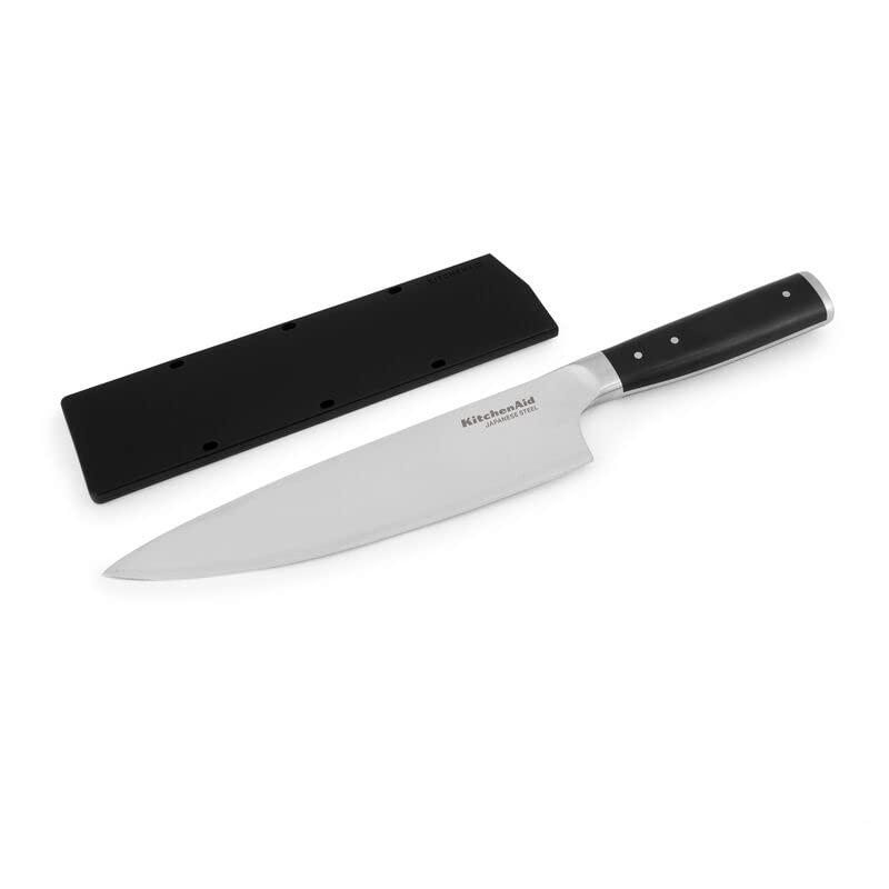 KitchenAid Gourmet - Cuchillo de chef forjado de triple remache con cubierta de hoja de ajuste personalizado, cuchillo de cocina afilado, hoja de acero inoxidable japonés de alto carbono, color negro