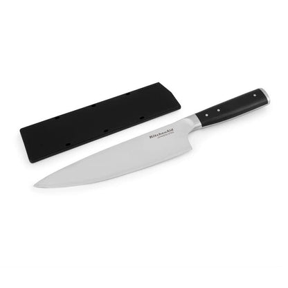 KitchenAid Gourmet - Cuchillo de chef forjado de triple remache con cubierta de hoja de ajuste personalizado, cuchillo de cocina afilado, hoja de acero inoxidable japonés de alto carbono, color negro