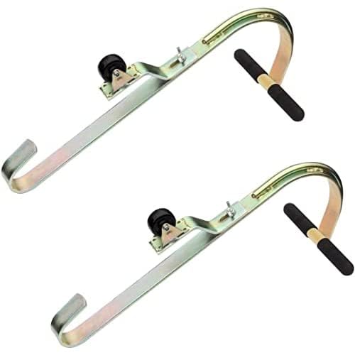 Paquete de 2 ganchos de techo de escalera de acero galvanizado resistente con rueda, agarre de goma en T para prevención de daños, instalación rápida y fácil para acceder a techos empinados