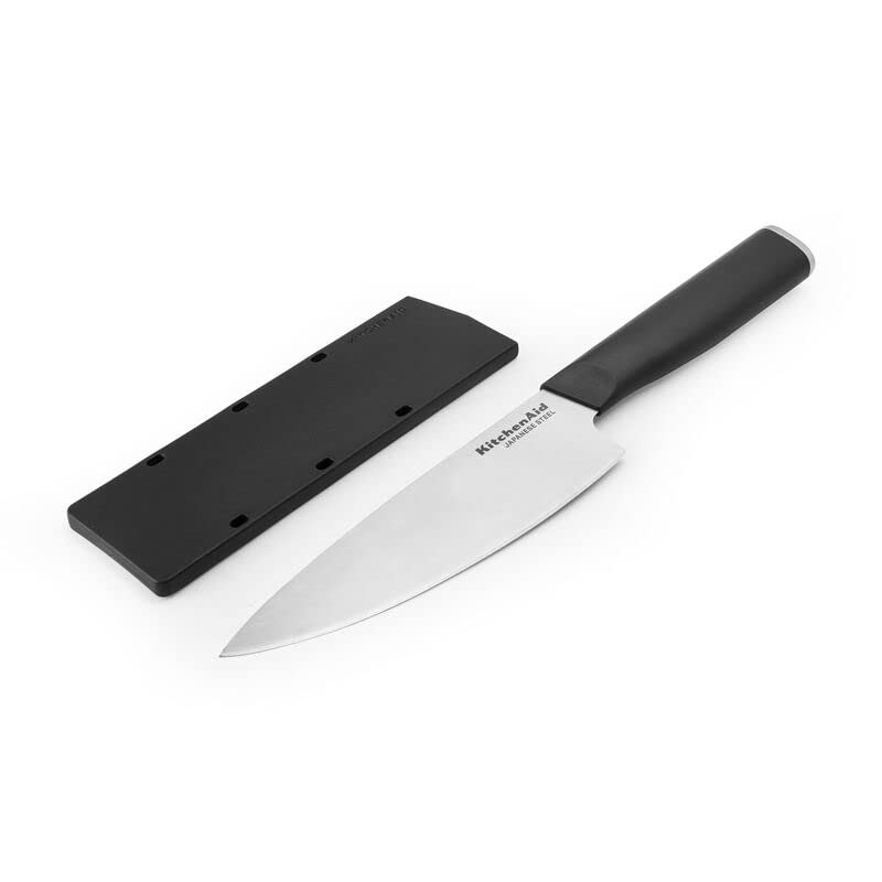 KitchenAid Cuchillo de chef clásico con cubierta de hoja de ajuste personalizado, 6 pulgadas, cuchillo de cocina afilado, hoja de acero inoxidable japonés de alto carbono, color negro
