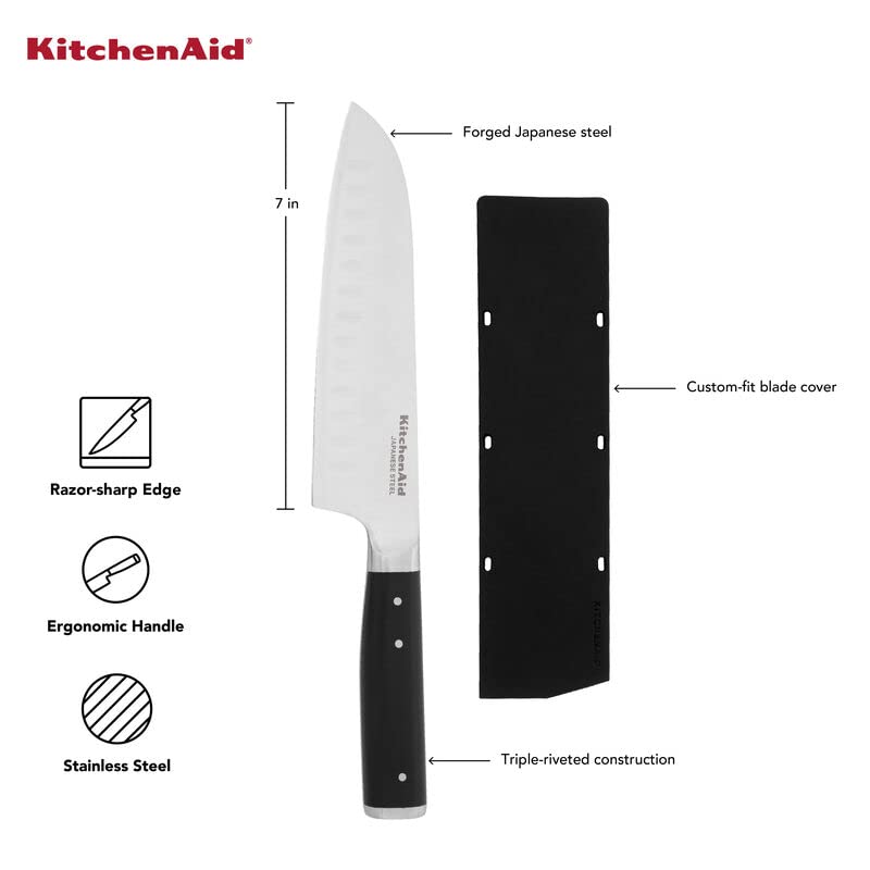 KitchenAid Gourmet - Cuchillo Santoku forjado de triple remache con cubierta de hoja de ajuste personalizado, cuchillo de cocina afilado, hoja de acero inoxidable japonés de alto carbono, color negro