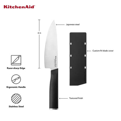 KitchenAid Cuchillo de chef clásico con cubierta de hoja de ajuste personalizado, 6 pulgadas, cuchillo de cocina afilado, hoja de acero inoxidable japonés de alto carbono, color negro