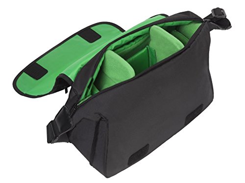 7450 Bolsa Rivacase para Cámara Reflex SLR tipo Mensajero Green Mantis. Guarda Celular, 3 Lentes y Flash, Tablet 10", Anti-Impacto, Bolsillos Externos, Correa Ajustable Acojinada Antideslizante.