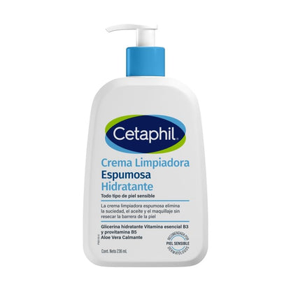 Cetaphil Crema Limpiadora Espumosa Hidratante Facial, Piel Sensible - Sin fragancia - 237 ml
