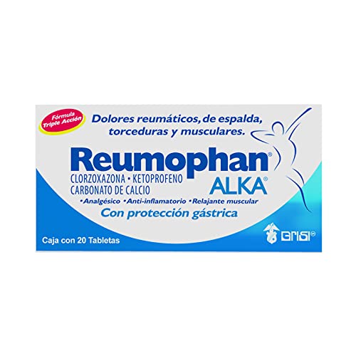 Reumophan Tabletas Alka, 125 mg, 20 Piezas | Triple acción, analgésico, antiinflamatorio, relajante muscular, con protección gástrica, carbonato de calcio, adultos